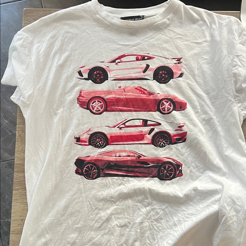 Zara White Tee with Red and Black Sports Cars